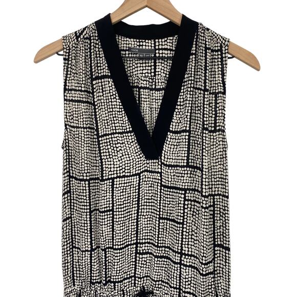 Vince Silk Mini Dress V Neck Blouson Drawstring Waist Black White Polka Dot XS - Picture 2 of 9